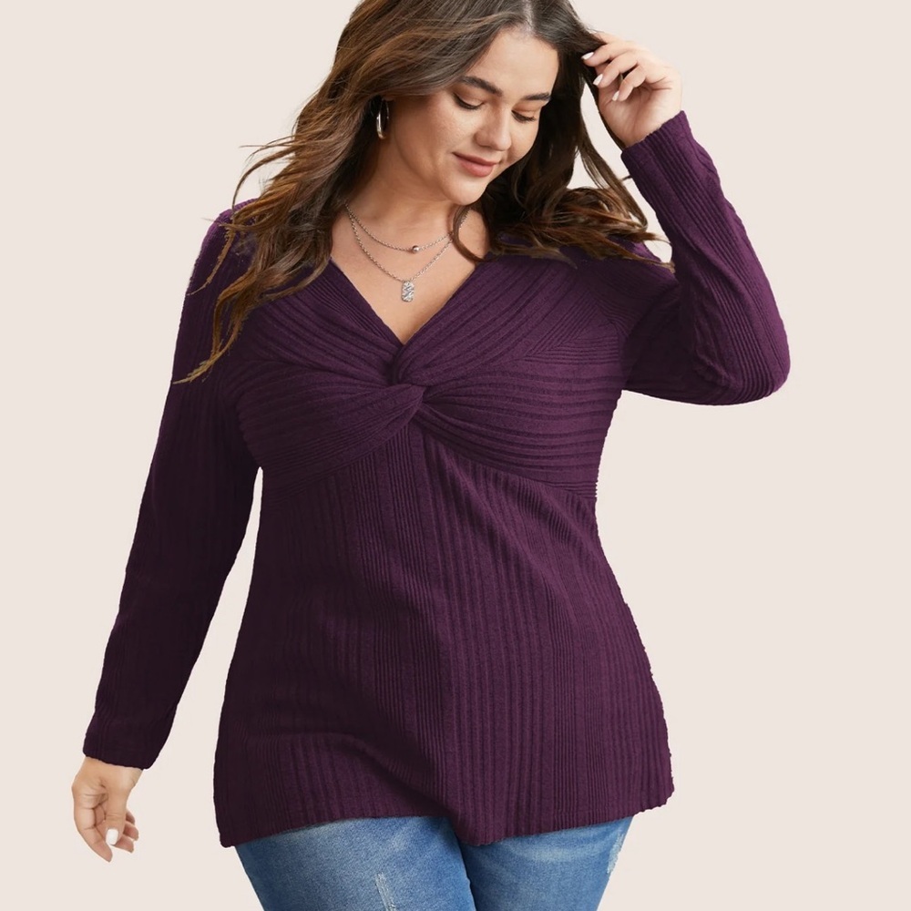 BloomChic Purple Twist-Front Ribbed Long Sleeve Top